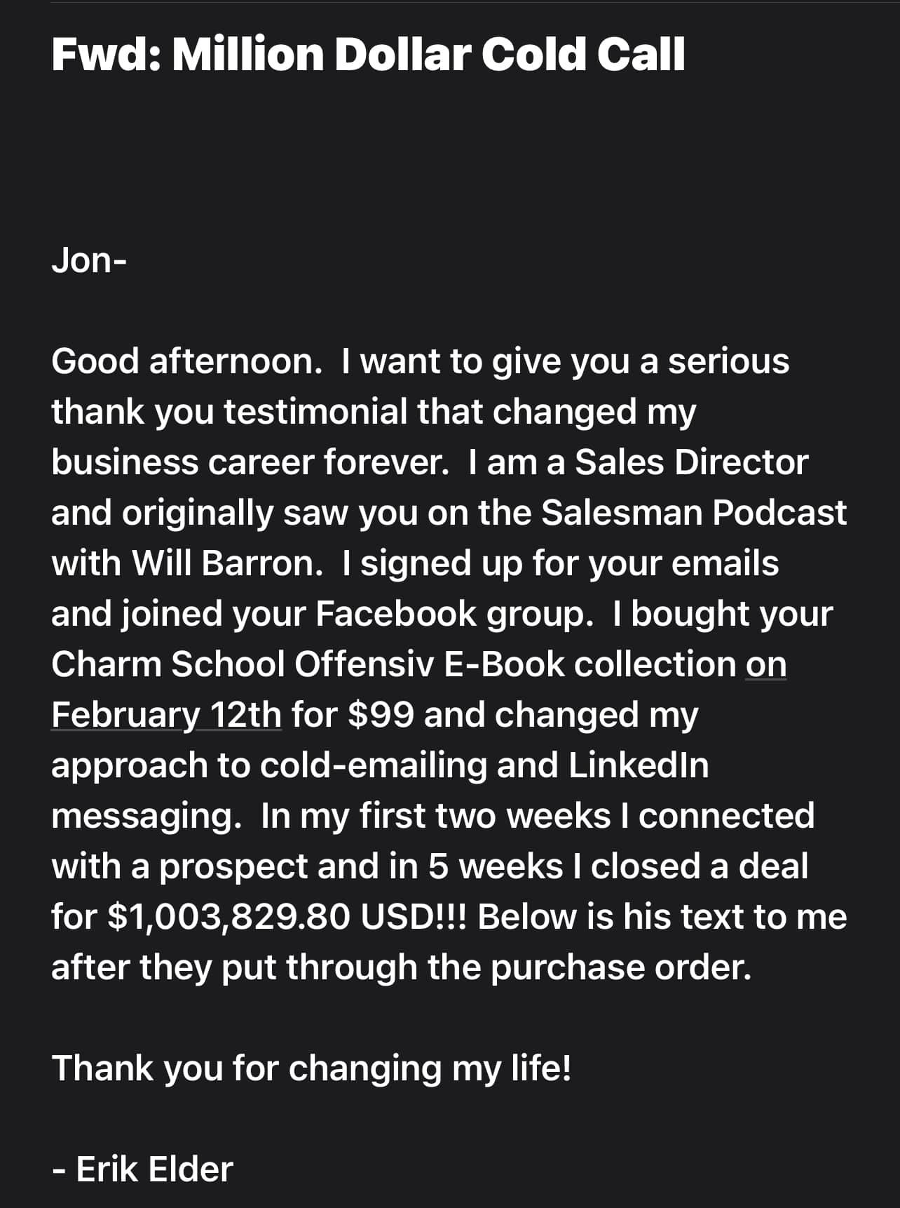 testimonial - million dollar call